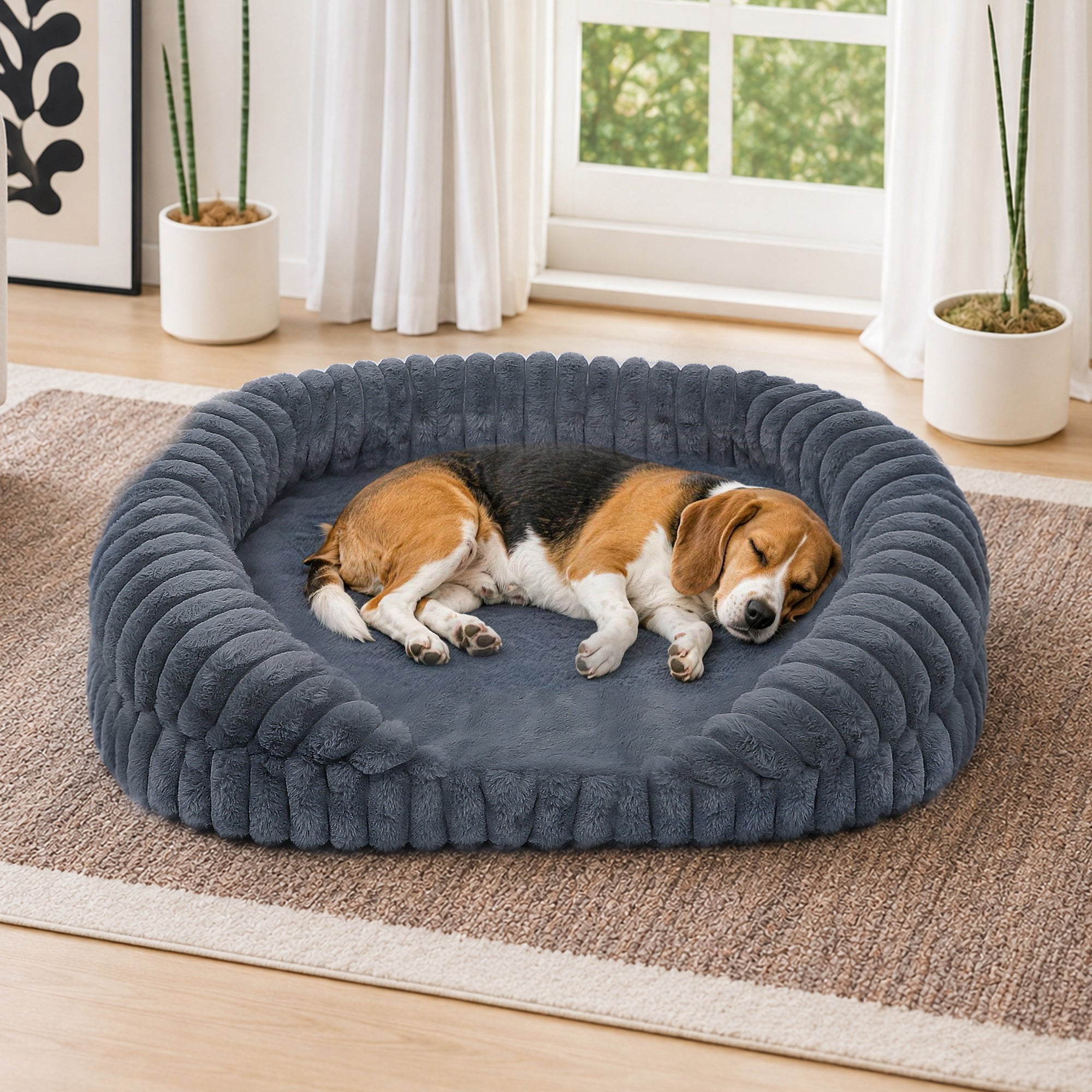 LFC PETS Croissant-Shaped Calming Bolster Dog & Cat Bed with Removable Washable Cover