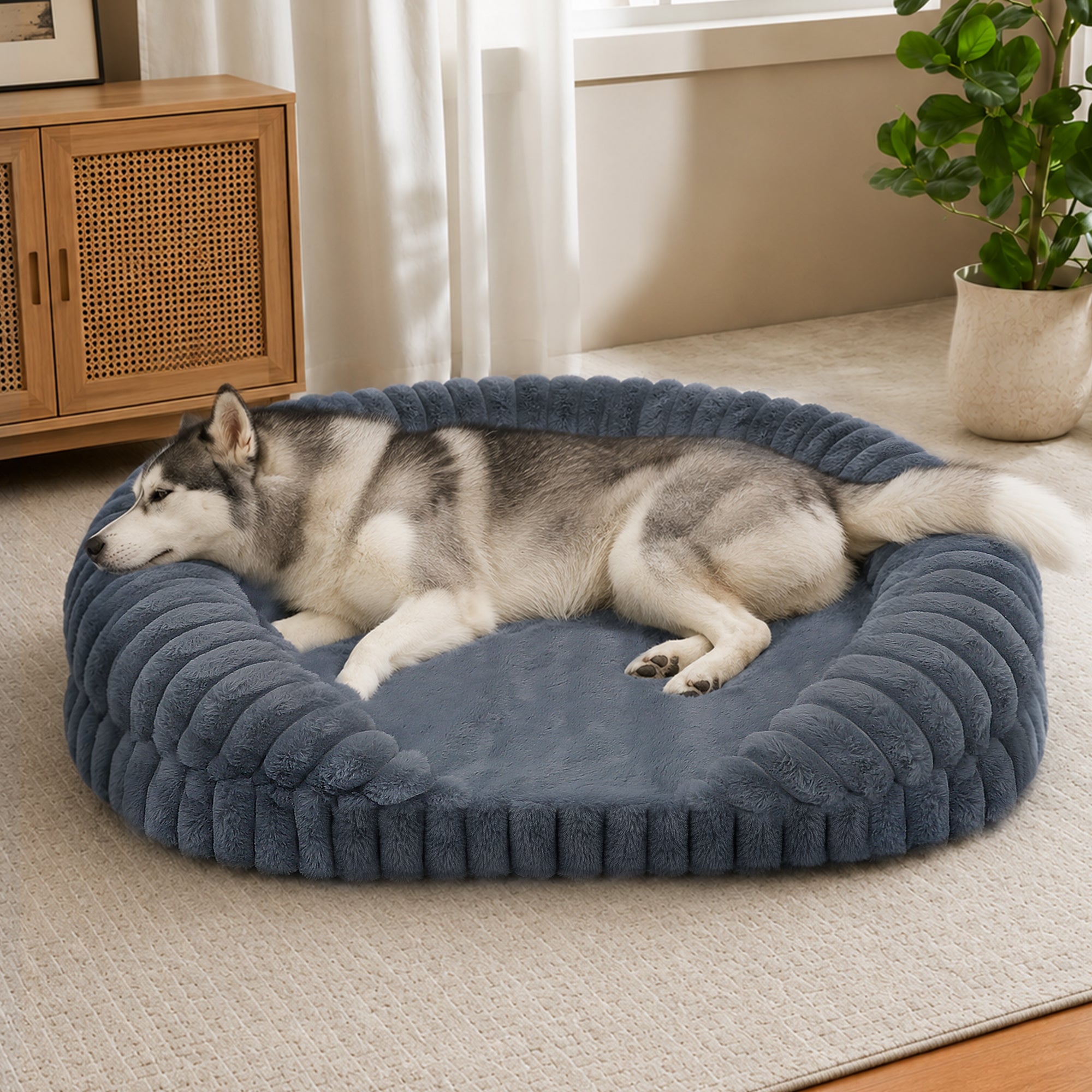 LFC PETS Croissant-Shaped Calming Bolster Dog & Cat Bed with Removable Washable Cover