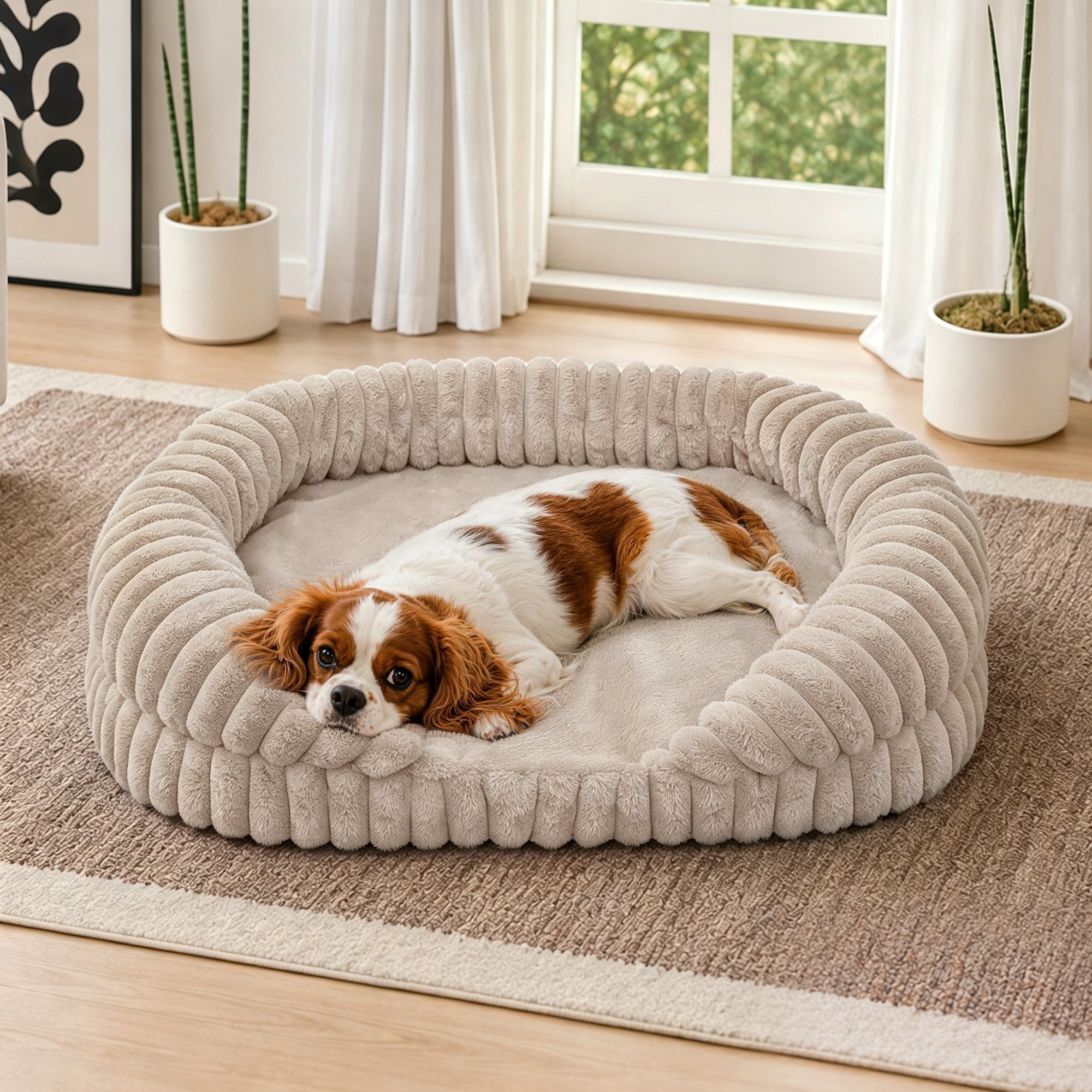 LFC PETS Croissant-Shaped Calming Bolster Dog & Cat Bed with Removable Washable Cover