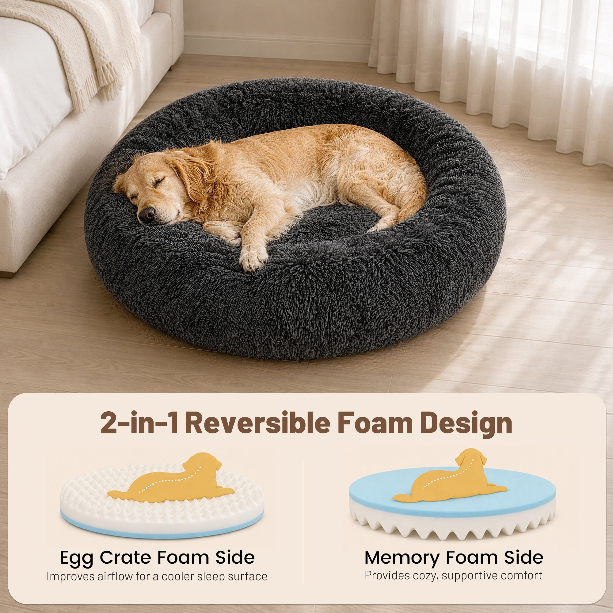 LFC PETS Calming Waterproof Donut Memory Foam Cuddler Bolster Dog & Cat Bed with Removable Washable Cover