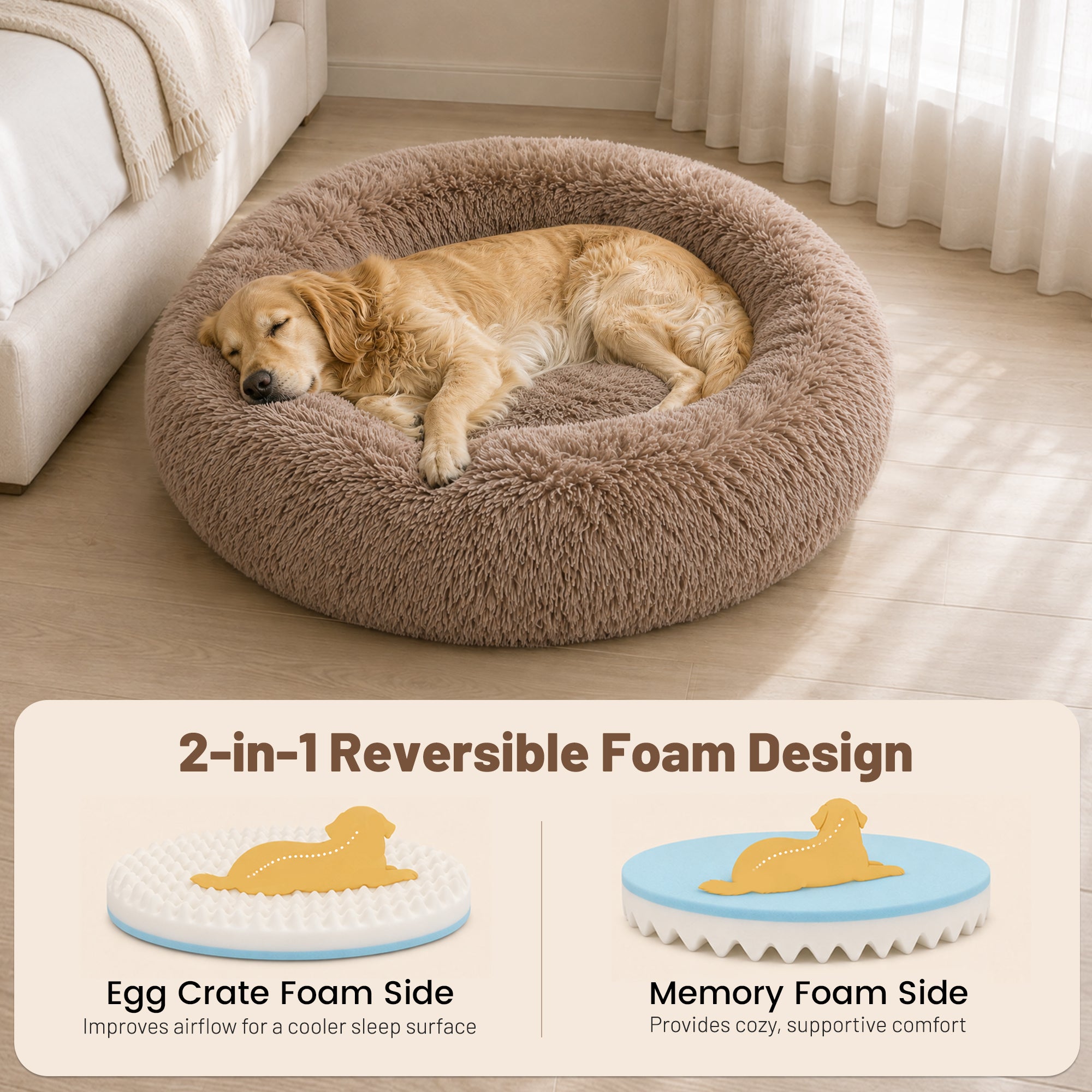 LFC PETS Calming Waterproof Donut Memory Foam Cuddler Bolster Dog & Cat Bed with Removable Washable Cover